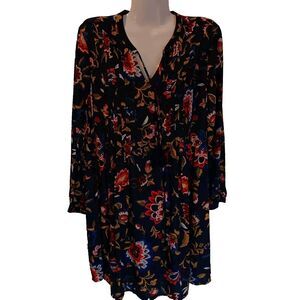 Old Navy Blue Yellow Floral Smocked Waist Midi Dress Tassel Neck Tie Sz M